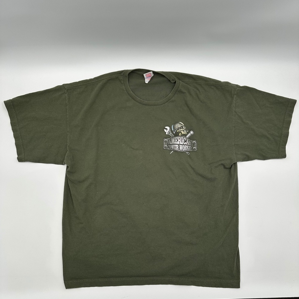 VTG‎ Bayside Mens American Tower Worker Graphic T-Shirt Olive Green 2XL Made USA